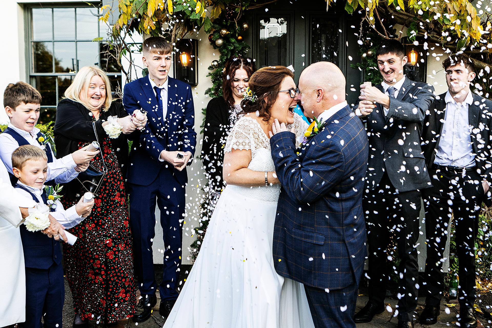 photography of the confetti outside of the vicarage hotel cheshire