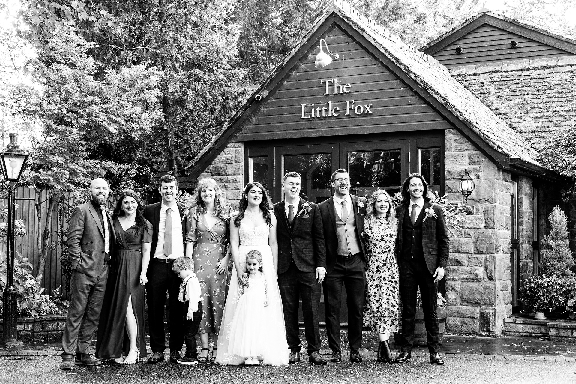 wedding group shots outside the little fox wirral